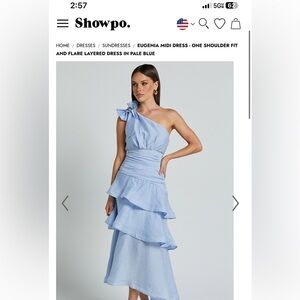 Showpo Eugenia Midi Dress - one shoulder fit and flare pale blue. Size 6. New